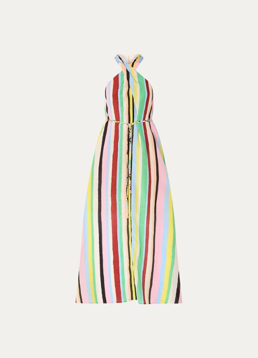 Fabienne Chapot Estelle maxi jurk met streepprint en strikceintuur - voorkant 2 lichtblauw