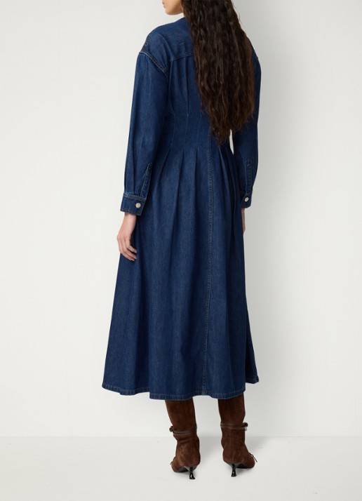 Fabienne Chapot Faith midi denim jurk met V-hals - achterkant 3 donkerblauw