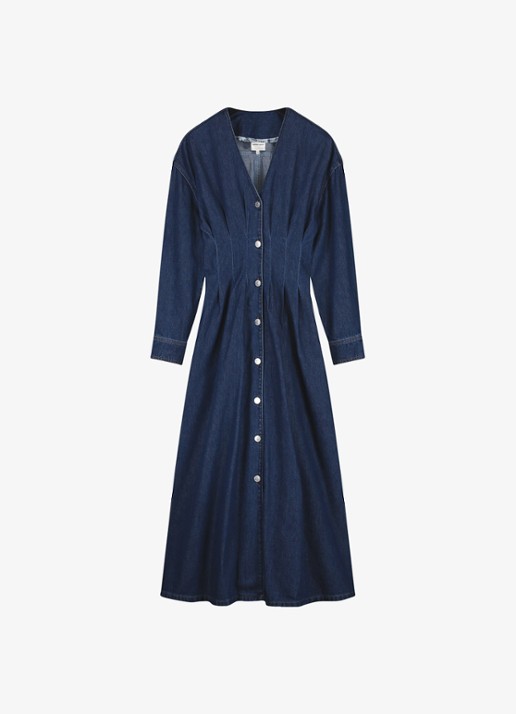 Fabienne Chapot Faith midi denim jurk met V-hals - voorkant donkerblauw