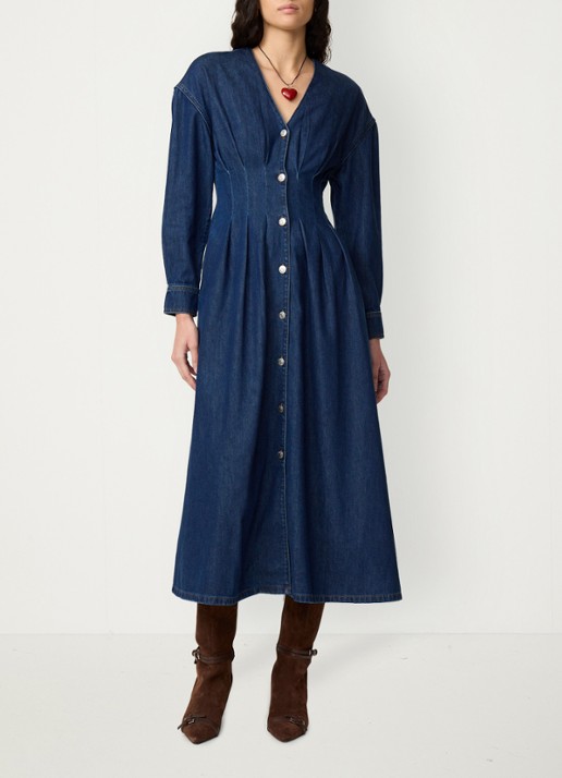 Fabienne Chapot Faith midi denim jurk met V-hals - voorkant 2 donkerblauw
