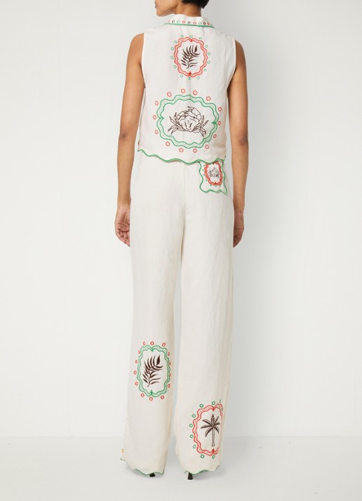 Fabienne Chapot Guicho high waist straight fit pantalon in linnenbend met borduring - achterkant gebroken wit