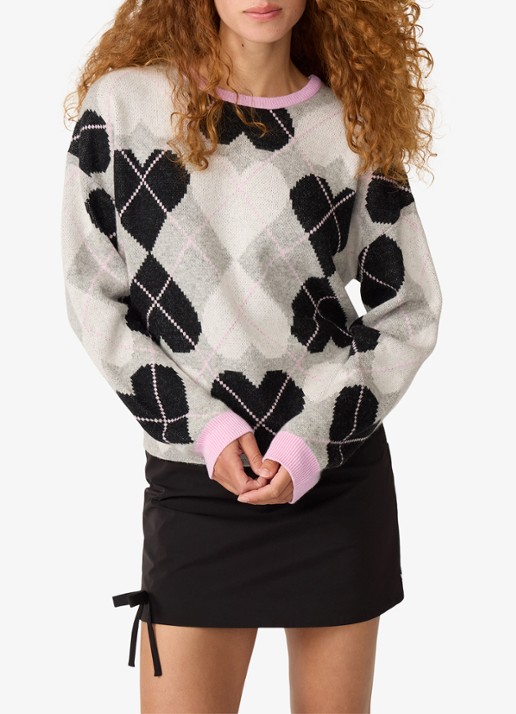 Fabienne Chapot Jamie pullover in kasjmierblend met ruitdessin en hartjesprint