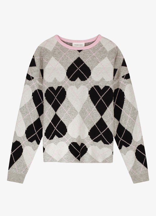Fabienne Chapot Jamie pullover in kasjmierblend met ruitdessin en hartjesprint - voorkant 3 grijsmele