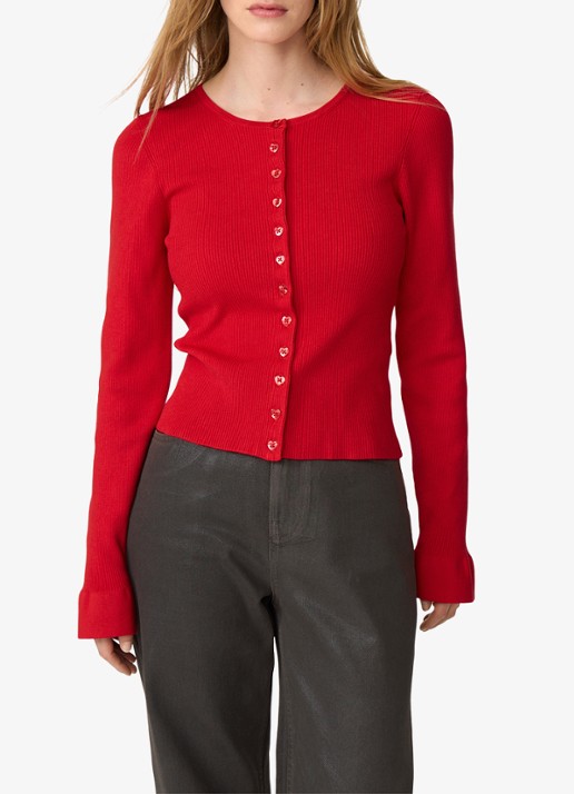 Fabienne Chapot Lilo ribgebreid vest met hartvormige knopen - detail steenrood
