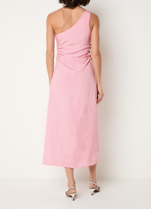 Fabienne Chapot Mandara one shoulder midi jurk in linnenblend met cut-out detail - achterkant roze