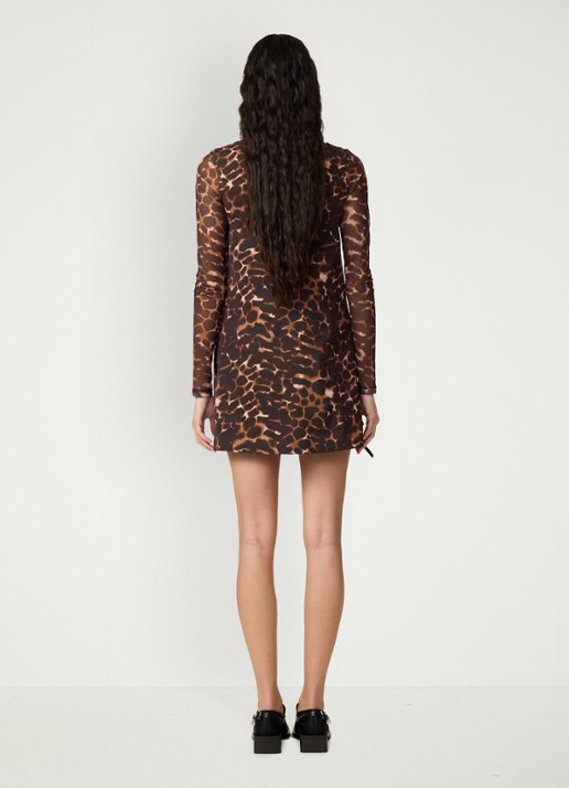 Fabienne Chapot Manon mini jurk met V-hals en dierenprint - achterkant 3 bruin