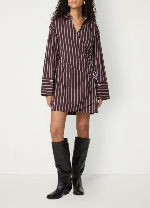 Fabienne Chapot Nova mini blousejurk met streepprint - voorkant 3 donkerbruin