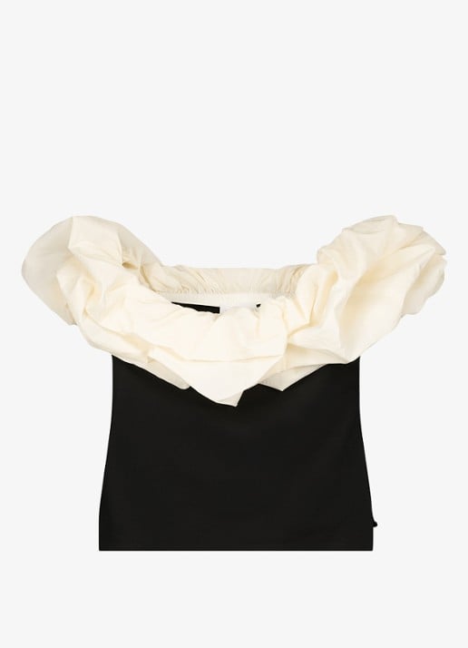 Fabienne Chapot Poppie off-shoulder top met ruches - voorkant 3 zwart