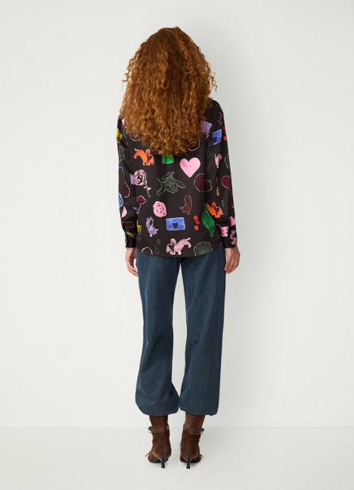 Fabienne Chapot Tony blouse van satijn met print - achterkant 3 zwart