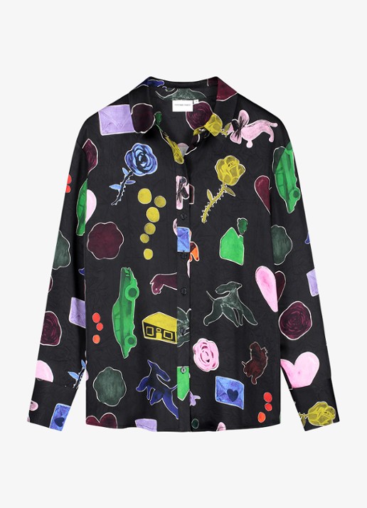 Fabienne Chapot Tony blouse van satijn met print - voorkant zwart