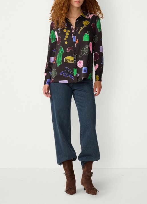 Fabienne Chapot Tony blouse van satijn met print - voorkant 2 zwart