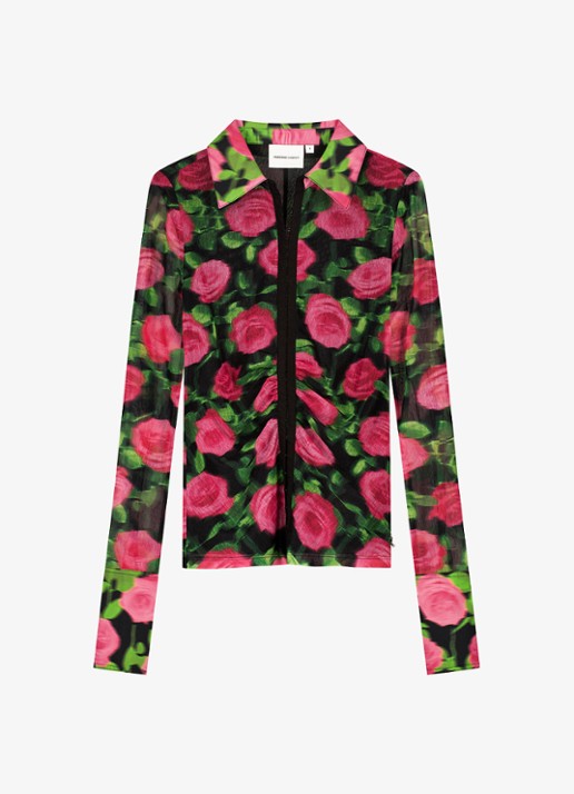 Fabienne Chapot Yanna blouse van mesh met bloemenprint - voorkant 3 fuchsia