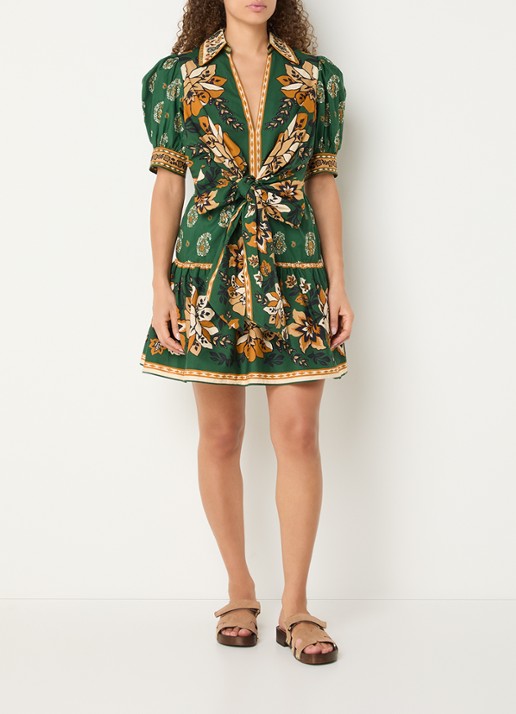 Farm Rio Ayla mini jurk met strikdetail en print - voorkant 4 legergroen