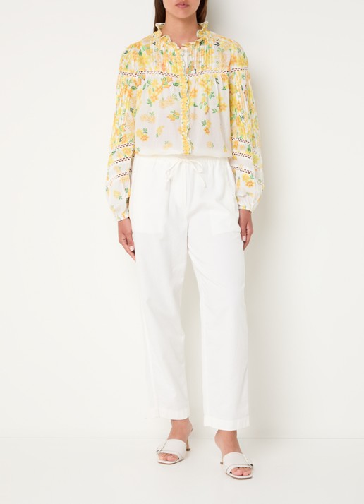 Farm Rio Azaleia blouse met bloemenprint en opengewerkt detail - voorkant 2 geel