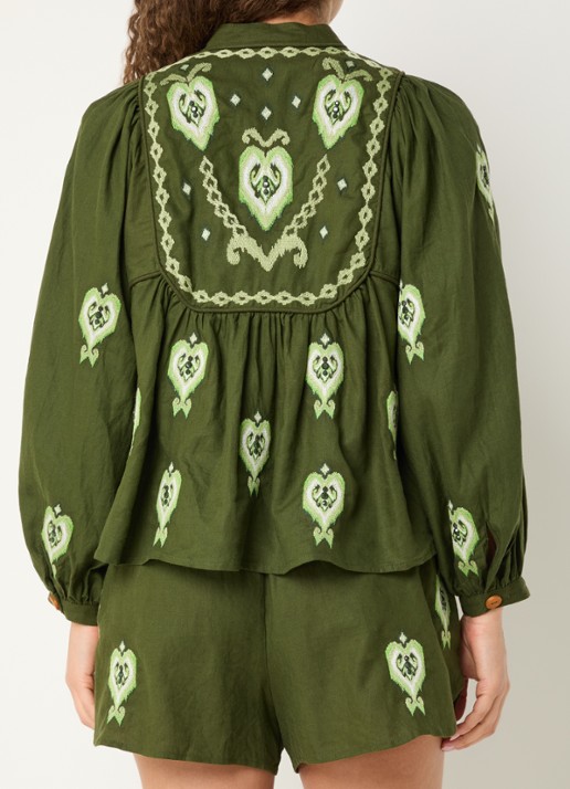 Farm Rio Blouse in linnenblend met borduring - achterkant legergroen