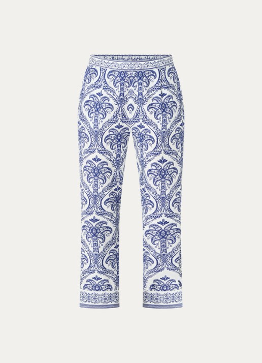 Farm Rio Blue Tropical mid waist straight fit cropped broek in linnenblend met paisley dessin - voorkant kobaltblauw
