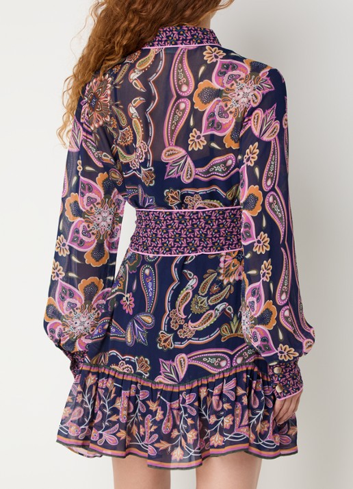 Farm Rio Boho mini tuniekjurk met paisley dessin en strikceintuur - achterkant 2 donkerblauw