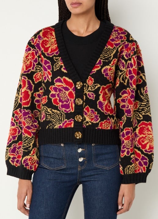 Farm Rio Chita grofgebreid vest in wolblend met bloemenprint en lurex