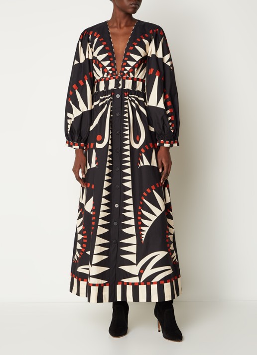 Farm Rio Coconut maxi jurk met bladprint en pofmouw