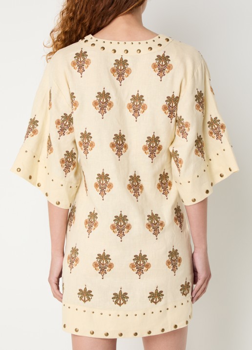 Farm Rio Coconut Tree mini tuniekjurk van linnen met studs - achterkant creme