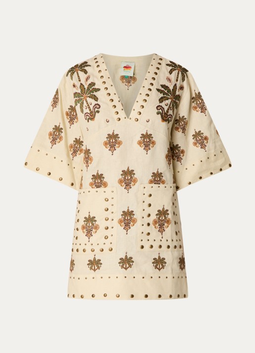 Farm Rio Coconut Tree mini tuniekjurk van linnen met studs - voorkant 2 creme