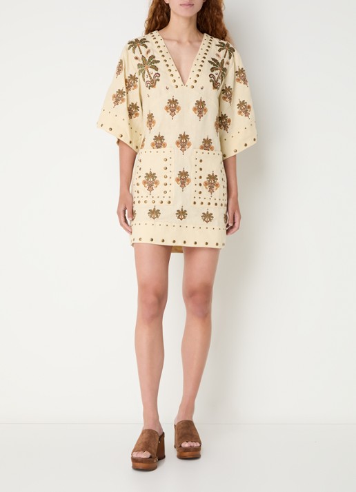 Farm Rio Coconut Tree mini tuniekjurk van linnen met studs - voorkant 3 creme