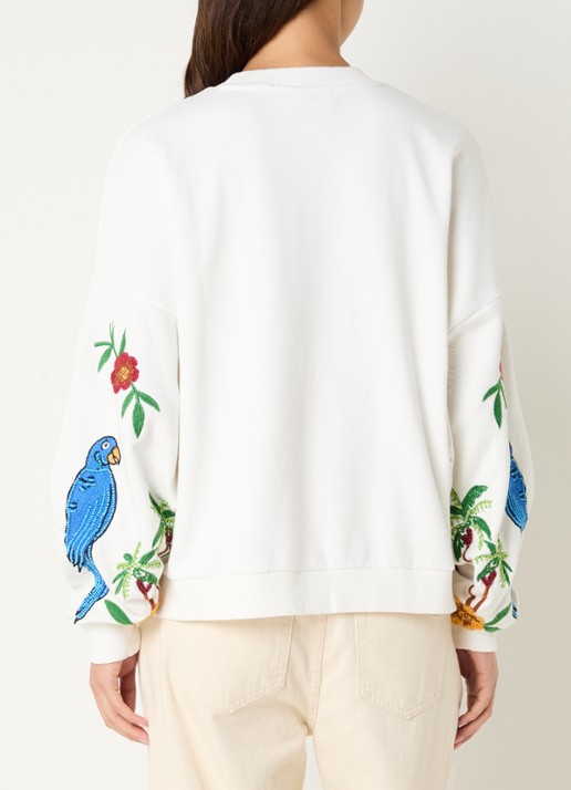 Farm Rio Coconut Trees sweater met opengewerkt dessin en borduring - achterkant 4 gebroken wit
