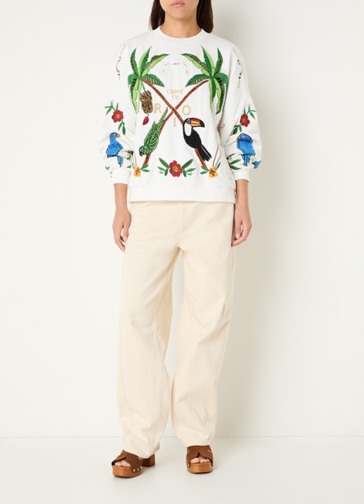 Farm Rio Coconut Trees sweater met opengewerkt dessin en borduring - voorkant 2 gebroken wit