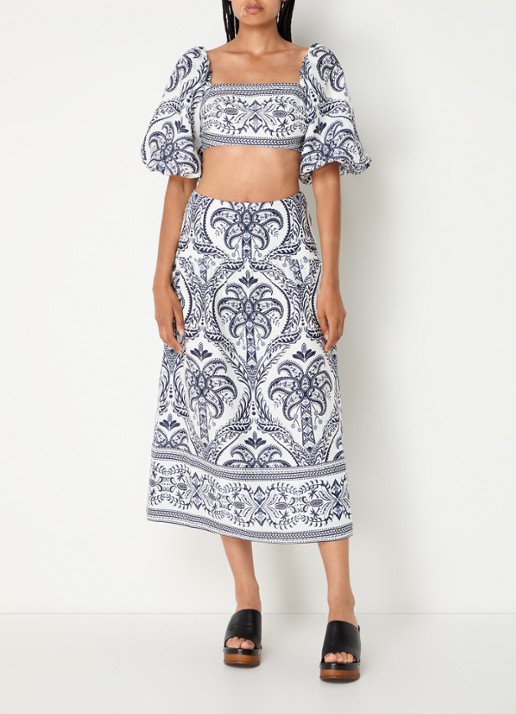 Farm Rio Crop top van linnen met pofmouw en paisley dessin - voorkant 2 donkerblauw