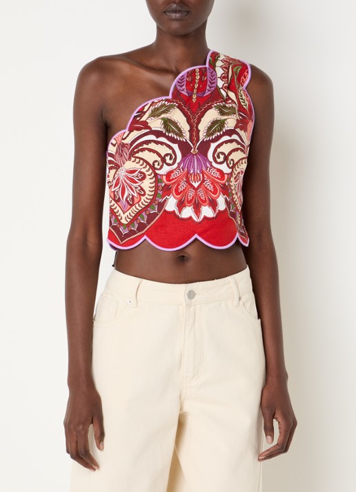 Farm Rio Cropped one shoulder top in linnenblend met print
