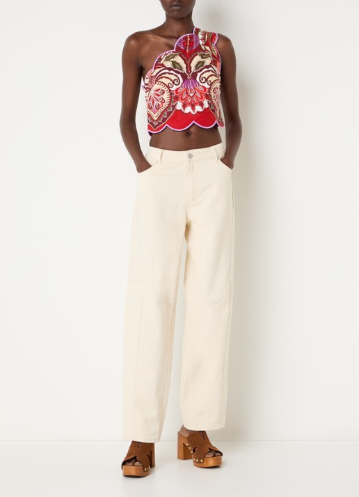 Farm Rio Cropped one shoulder top in linnenblend met print - voorkant 3 rood