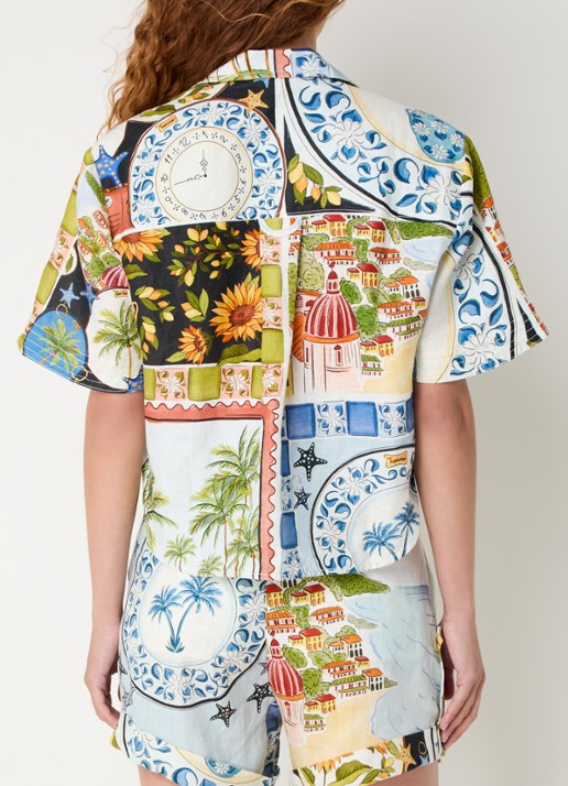 Farm Rio Croppped blouse van linnen met print - achterkant beige