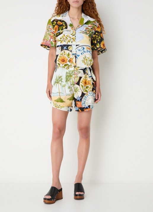 Farm Rio Croppped blouse van linnen met print - voorkant 4 beige
