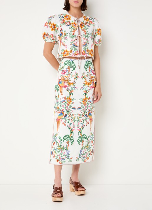 Farm Rio Delicate Forest cropped blouse van linnen met bloemenprint - voorkant 2 gebroken wit