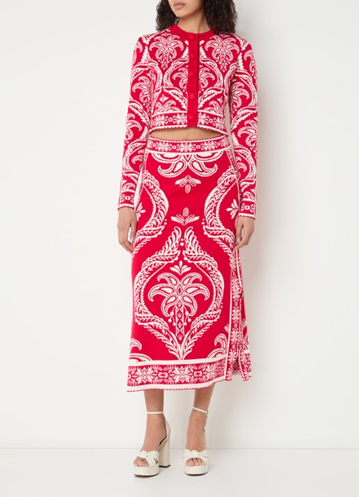 Farm Rio Fijngebreide midi rok met print - voorkant 3 rood