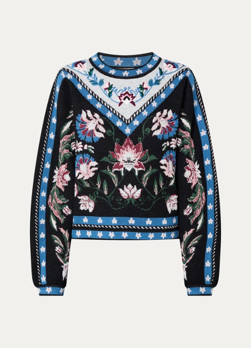 Farm Rio Fijngebreide trui met ingebreide print en ronde hals - voorkant 2 donkerblauw