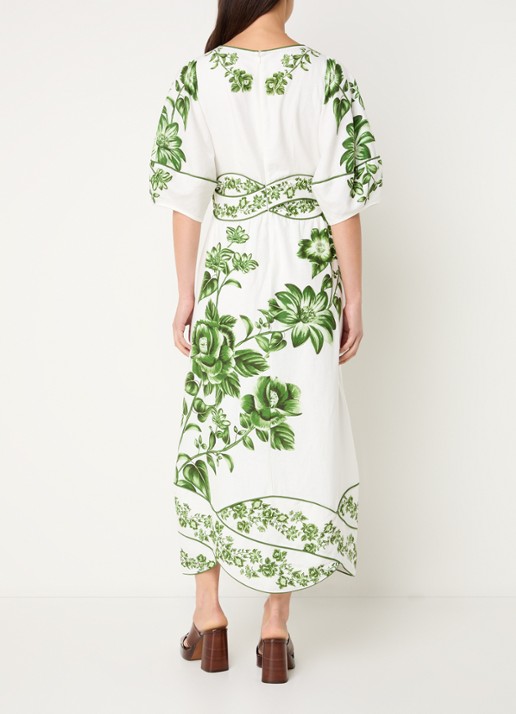 Farm Rio Floral Cascade midi jurk in linnenblend met bloemenprint - achterkant 3 gebroken wit