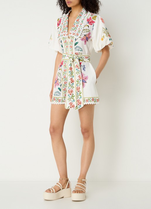 Farm Rio Floral Insects loose fit playsuit in linnenblend met strikceintuur - voorkant 4 gebroken wit