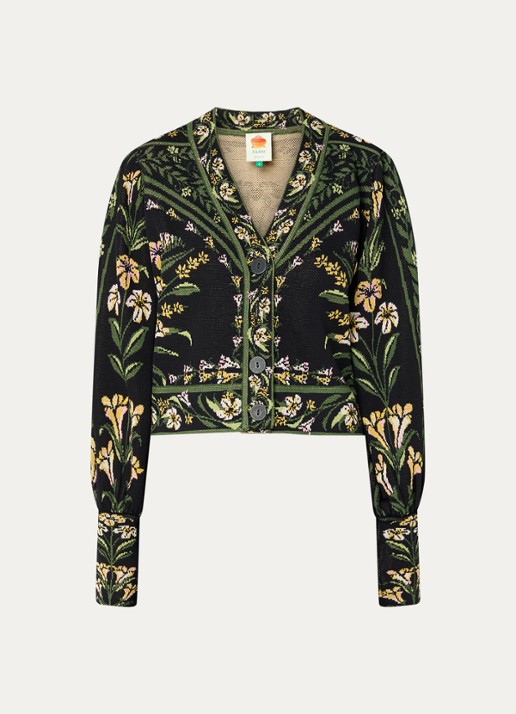Farm Rio Flowers Arch fijngebreid vest met bloemenprint - voorkant legergroen