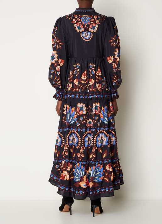 Farm Rio Garden maxi blousejurk met pofmouw en bloemenprint - achterkant zwart