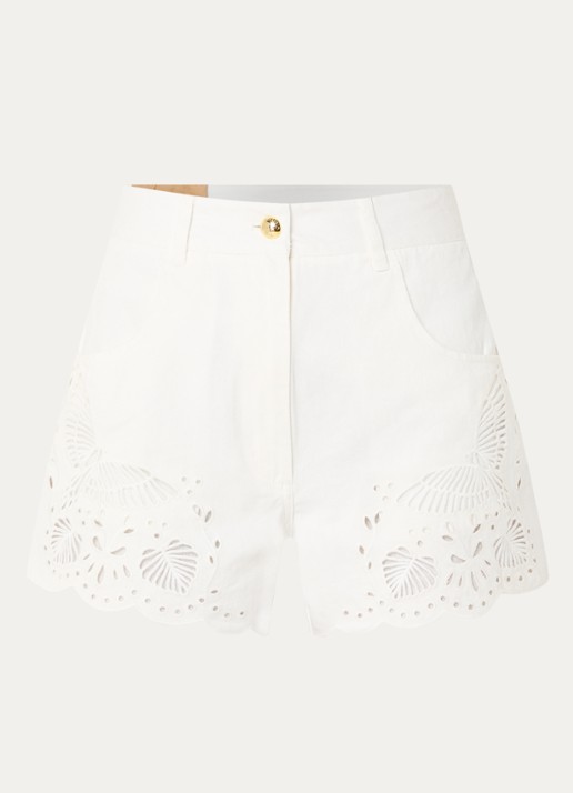 Farm Rio High waist straight fit korte broek van denim met opengewerkt dessin - voorkant gebroken wit