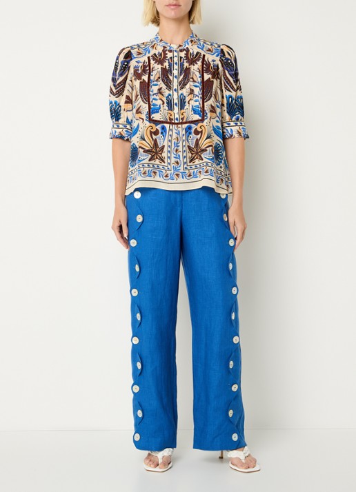 Farm Rio High waist wide fit pantalon van linnen - voorkant 3 blauw