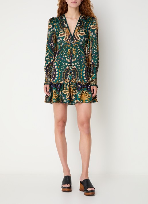 Farm Rio Jaipur mini blousejurk met print en ruches - voorkant 3 donkergroen
