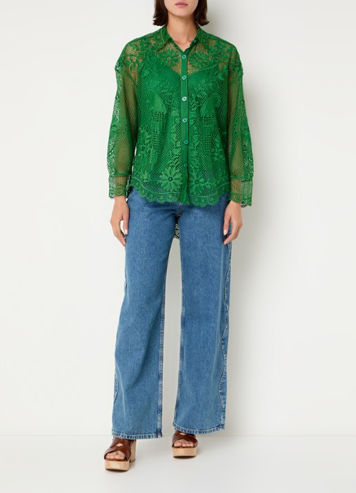 Farm Rio Landscape Guipure blouse met opengewerkt dessin - voorkant 4 groen