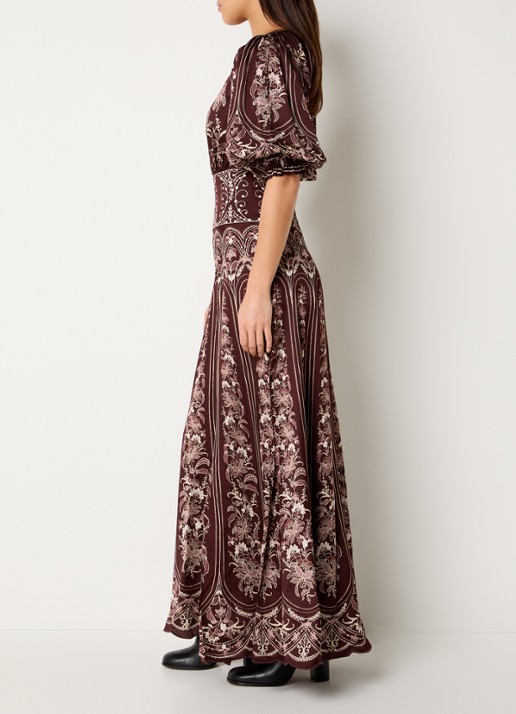Farm Rio Liz maxi jurk met pofmouw en print - voorkant 4 kastanjebruin