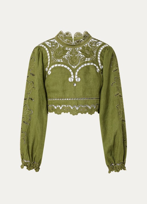 Farm Rio Majestic tuniek van linnen met broderie - voorkant 2 mosgroen