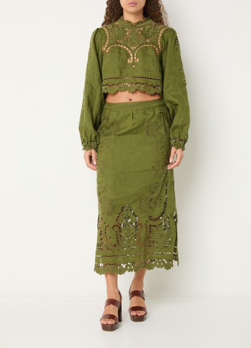 Farm Rio Majestic tuniek van linnen met broderie - voorkant 3 mosgroen