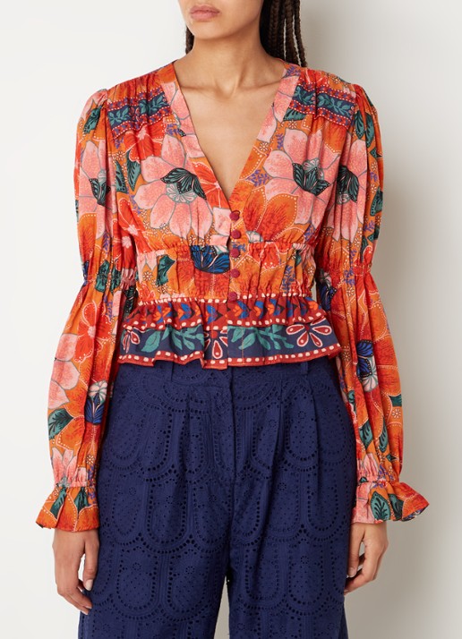Farm Rio Marias blouse met bloemenprint en volant - detail 3 oranje