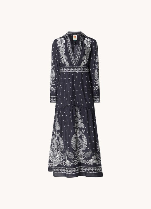 Farm Rio Maxi blousejurk met paisley dessin en strikceintuur - voorkant 4 zwart
