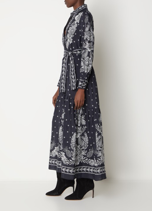 Farm Rio Maxi blousejurk met paisley dessin en strikceintuur - voorkant 5 zwart